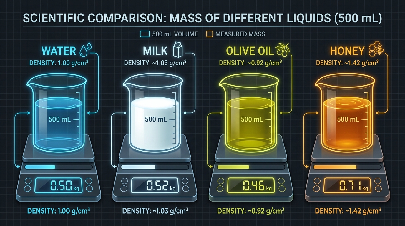 Laboratory measuring beakers with water, olive oil, and honey showing their respective mass in kilograms on a digital scale