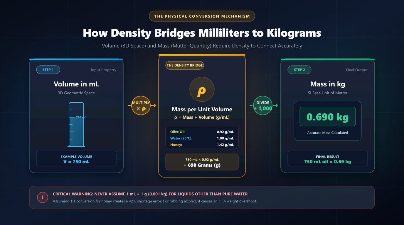 Infographic illustrating density as the mathematical bridge connecting volume in milliliters to mass in kilograms