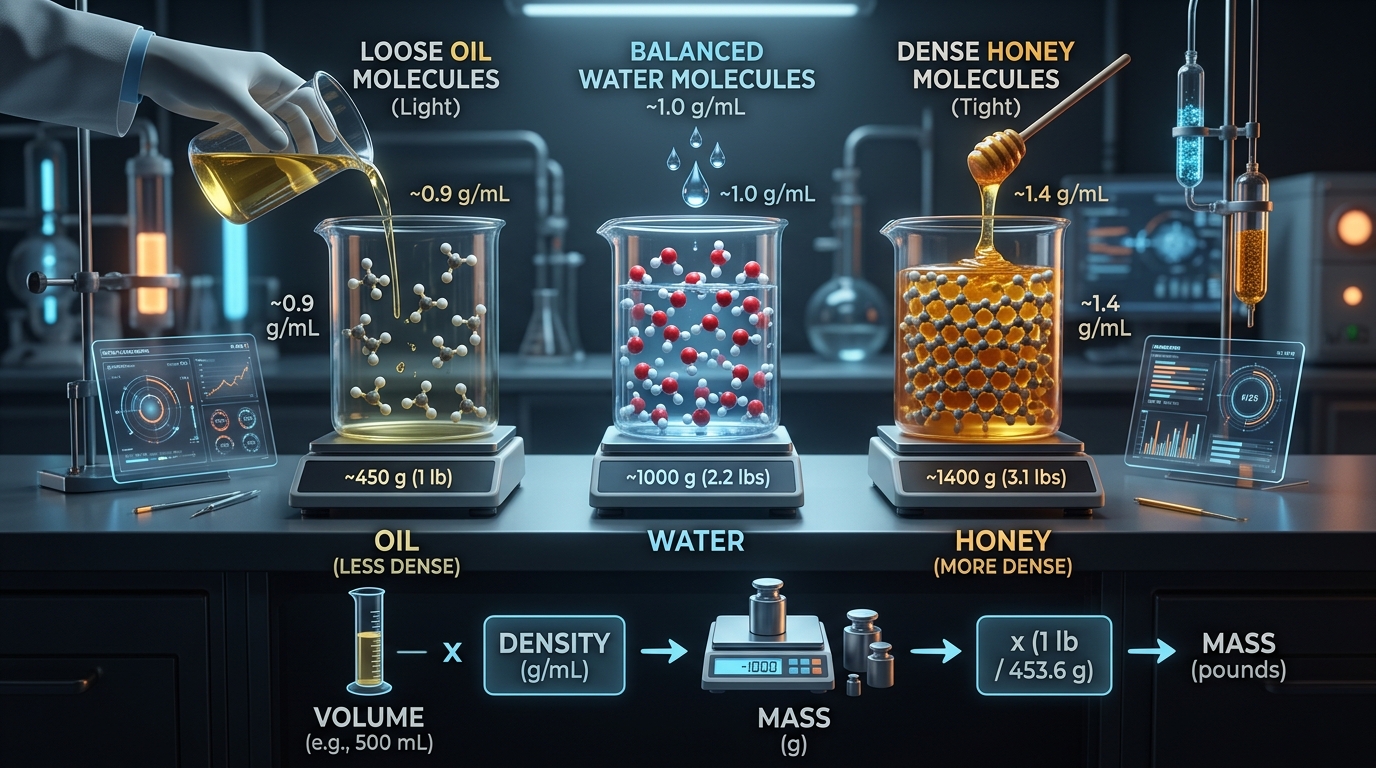 Molecular arrangement diagram showing how density connects volume in mL to mass in pounds on a precision balance