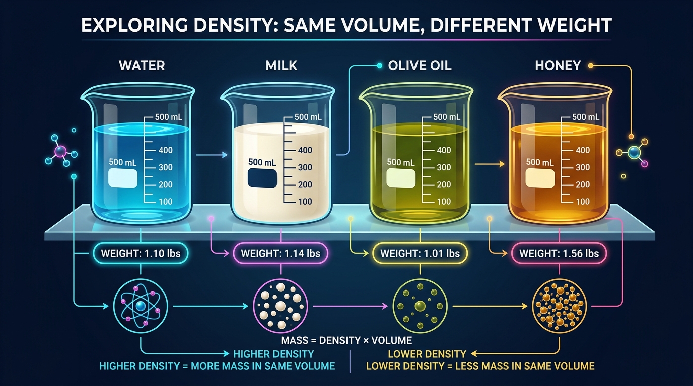 Comparison of water, milk, olive oil, and honey showing same volume but different weights due to varying densities