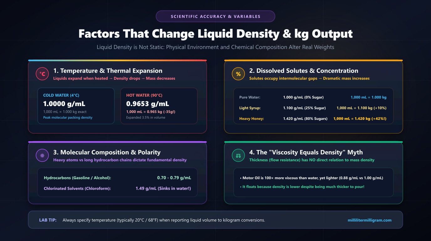 Scientific chart explaining physical factors that shift liquid density including temperature expansion, solute concentration, and chemical composition