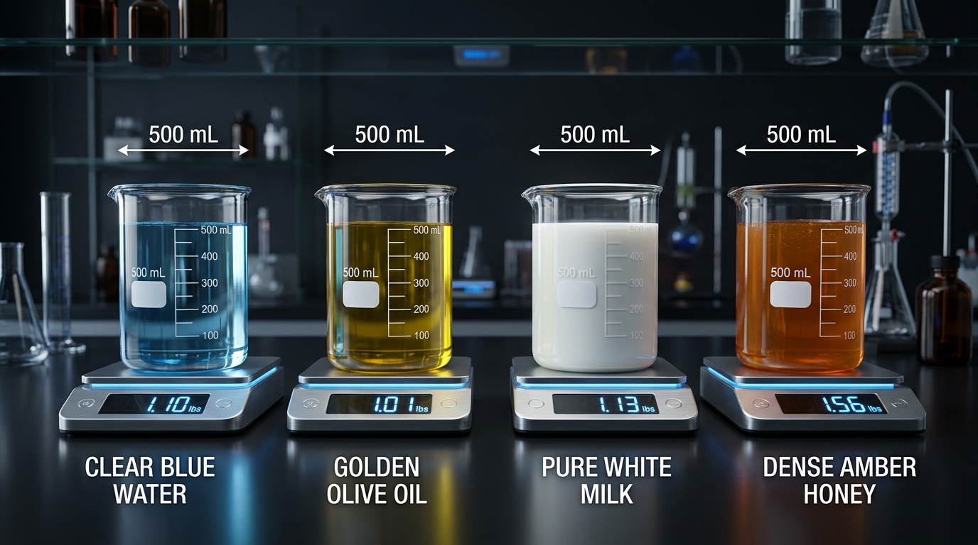 Four identical 500 mL beakers filled with water, olive oil, milk, and honey sitting on digital scales displaying different weights in pounds