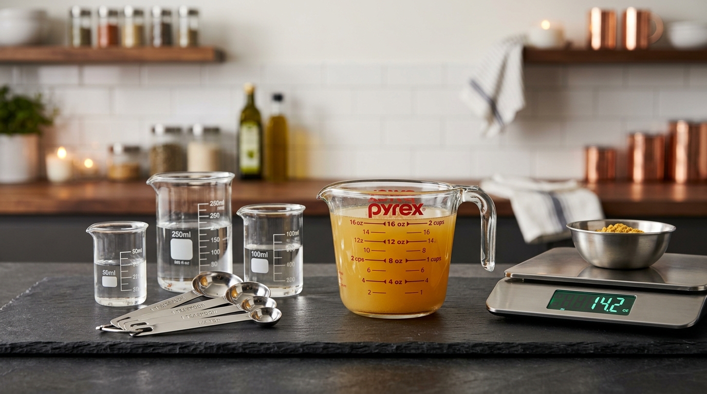 Glass measuring cup displaying liquid ounces next to stainless steel measuring spoons and a digital kitchen scale on a slate countertop