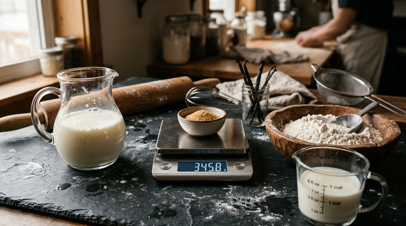Baker workstation featuring stainless steel food scale measuring whole milk in glass pitcher next to flour bowl