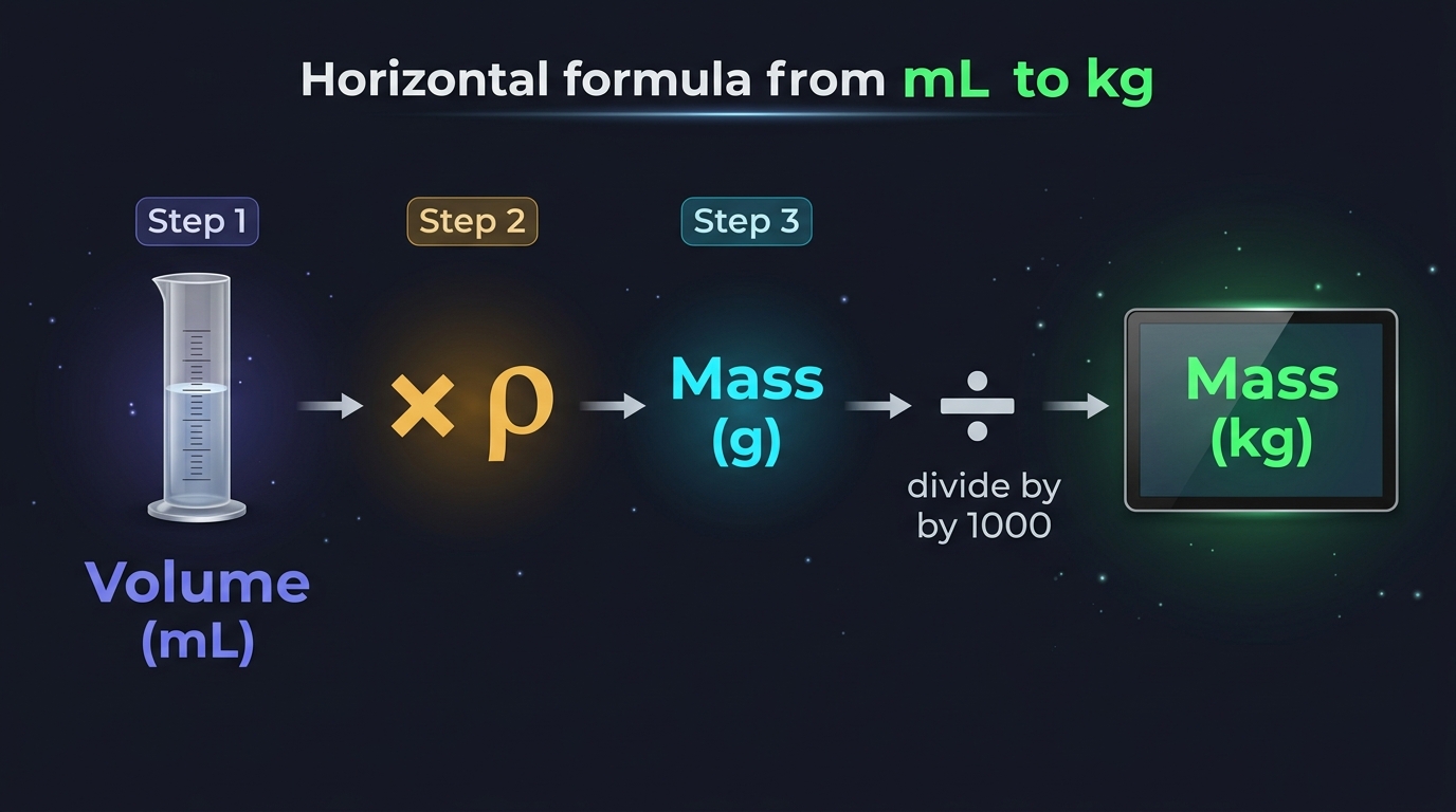 Step-by-step visual flowchart showing how to convert mL to kg through density multiplication and gram-to-kilogram division