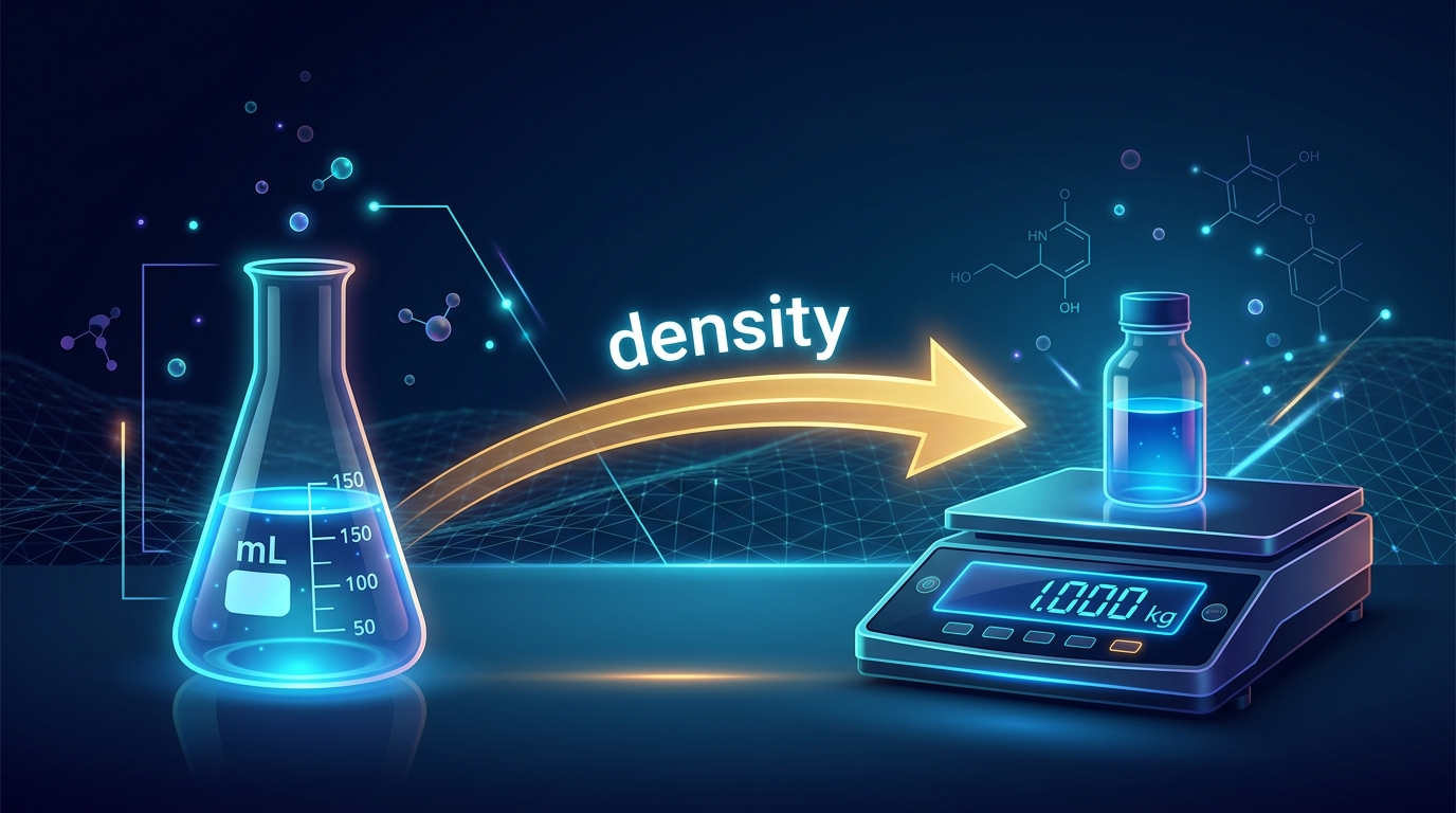 Visual diagram showing the mL to kg conversion process using density as a bridge between volume and mass