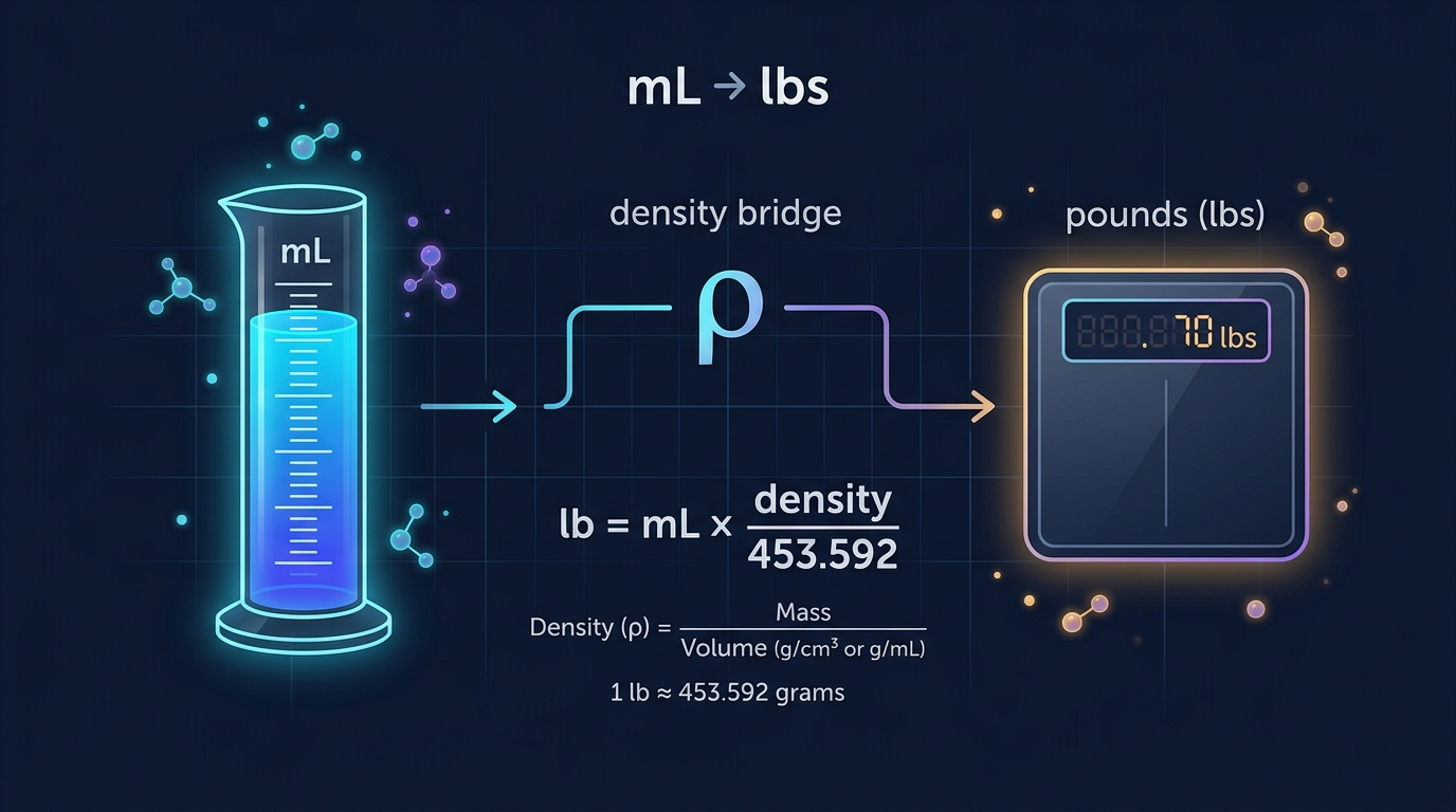 Visual diagram showing the mL to pounds conversion process using density as a bridge between volume and weight