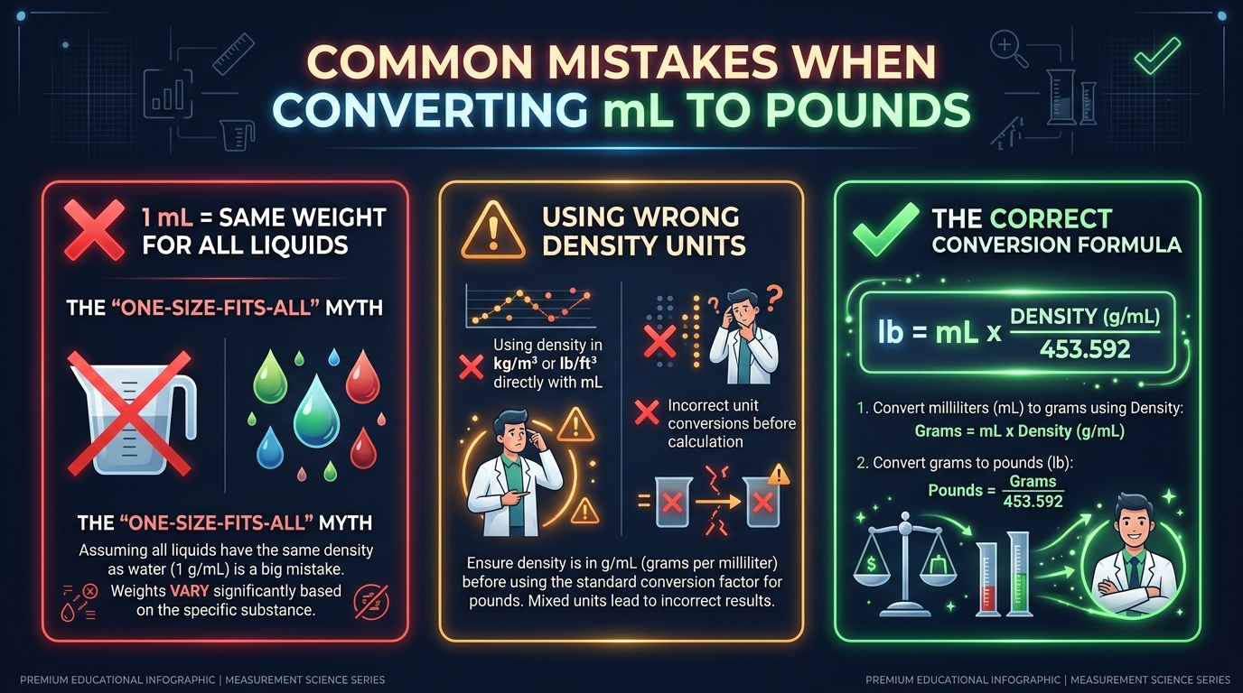 Infographic showing three common mistakes when converting mL to pounds: assuming equal weight, wrong density units, and correct formula