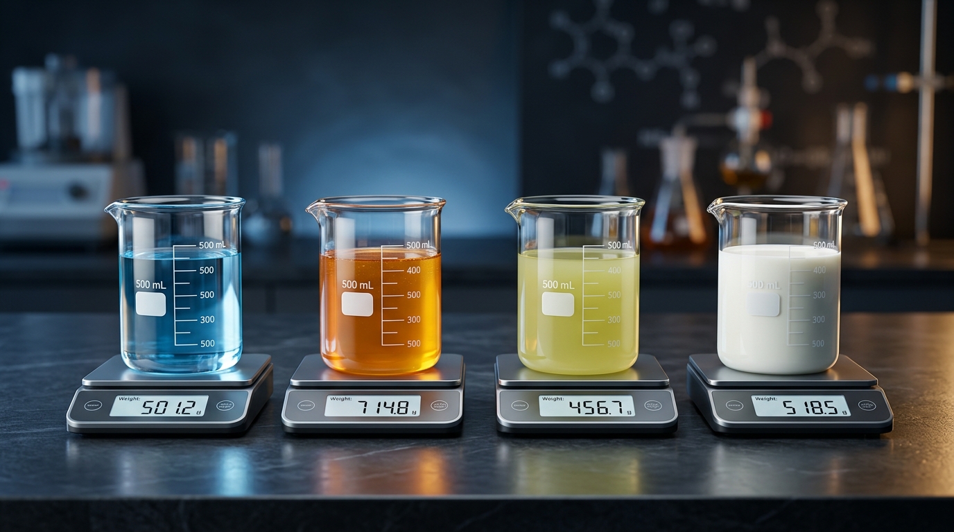 Four identical beakers filled with 500 mL of different liquids on scales showing different weights, demonstrating that same volume produces different weights based on density