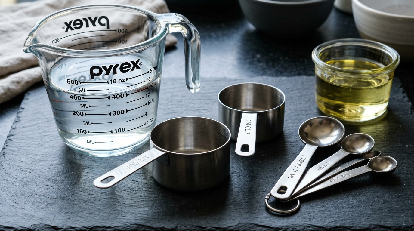 Side by side comparison of American and British liquid measuring containers showing volume markings in US fluid ounces and Imperial fluid ounces