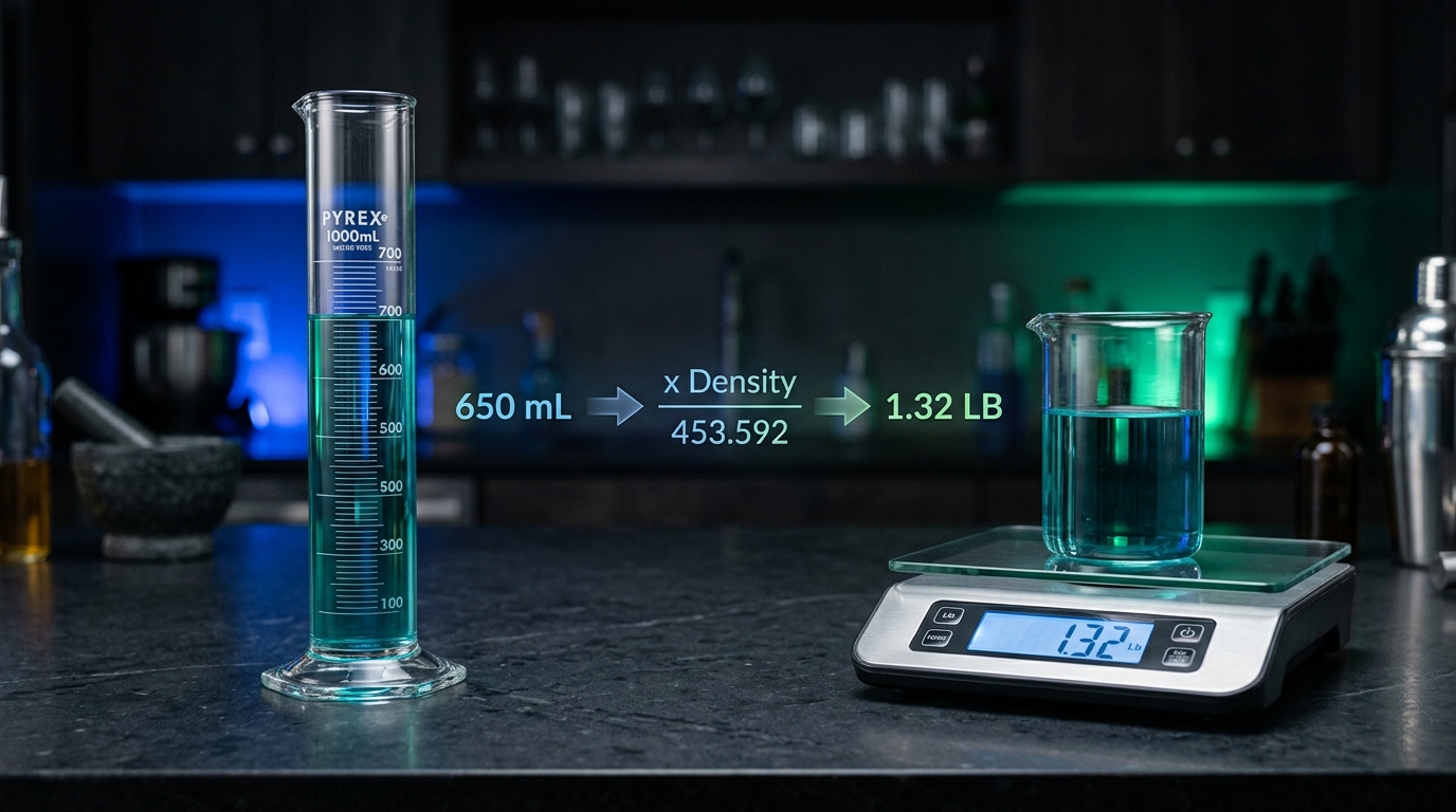 Graduated cylinder filled with liquid next to a digital scale displaying weight in pounds, illustrating the mL to pounds conversion process