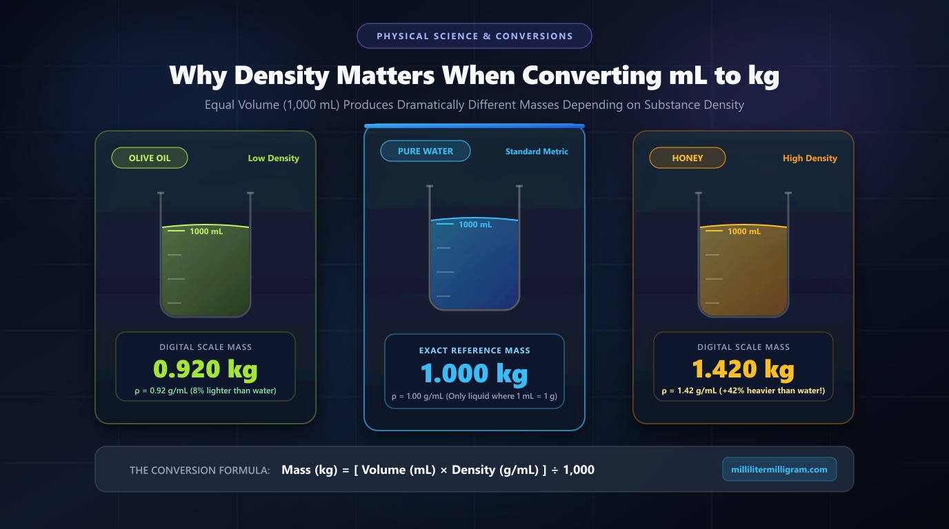 Visual diagram explaining why density matters when converting mL to kg with identical volumes producing different masses