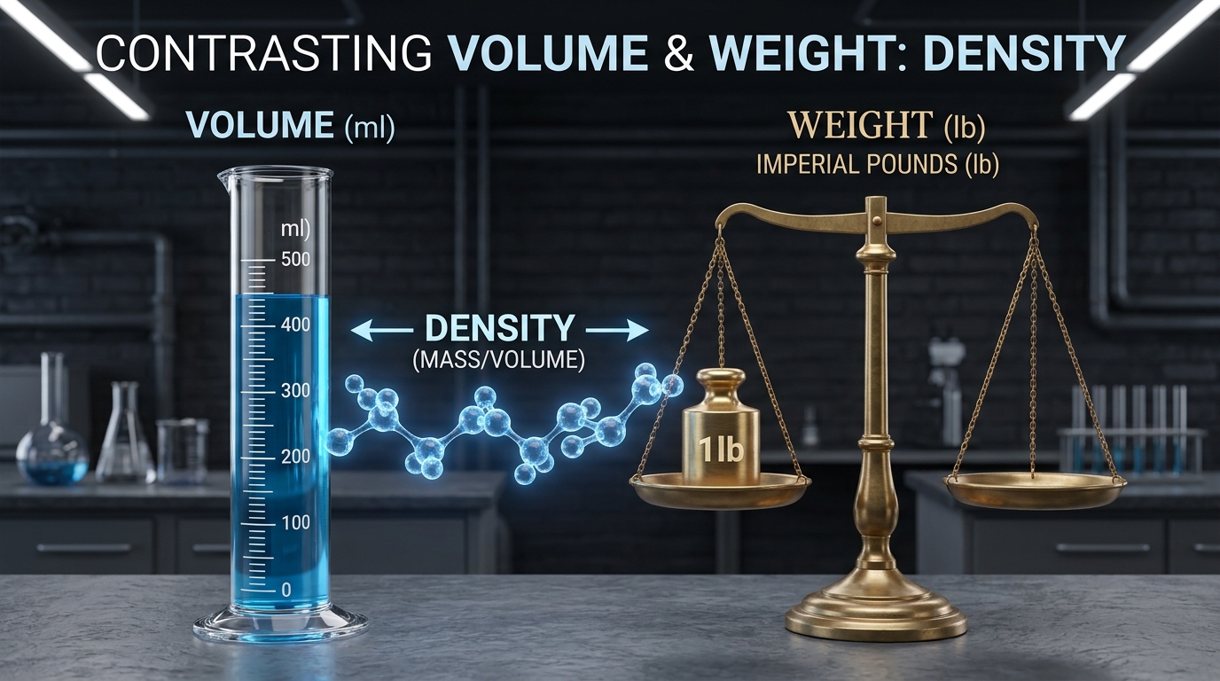 Graduated cylinder with liquid in milliliters contrasted with a mechanical balance scale reading pounds, illustrating volume versus weight